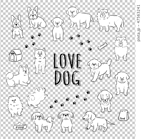 おしゃれでかわいい線画の手書き犬イラストセットのイラスト素材